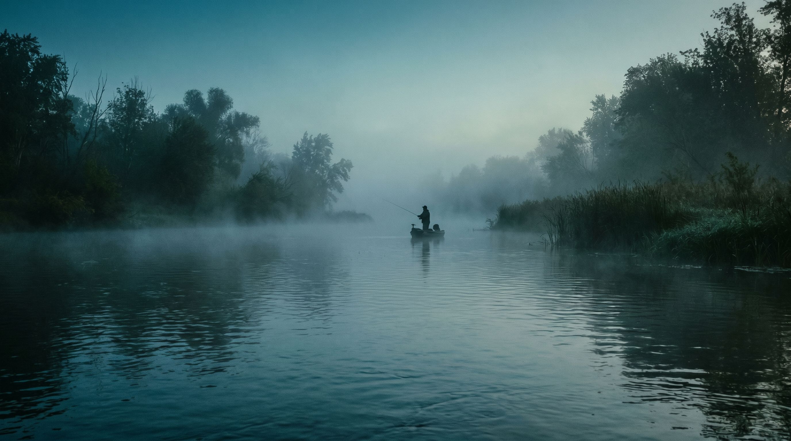 Pêcheur en silhouette dans la brume au point du jour